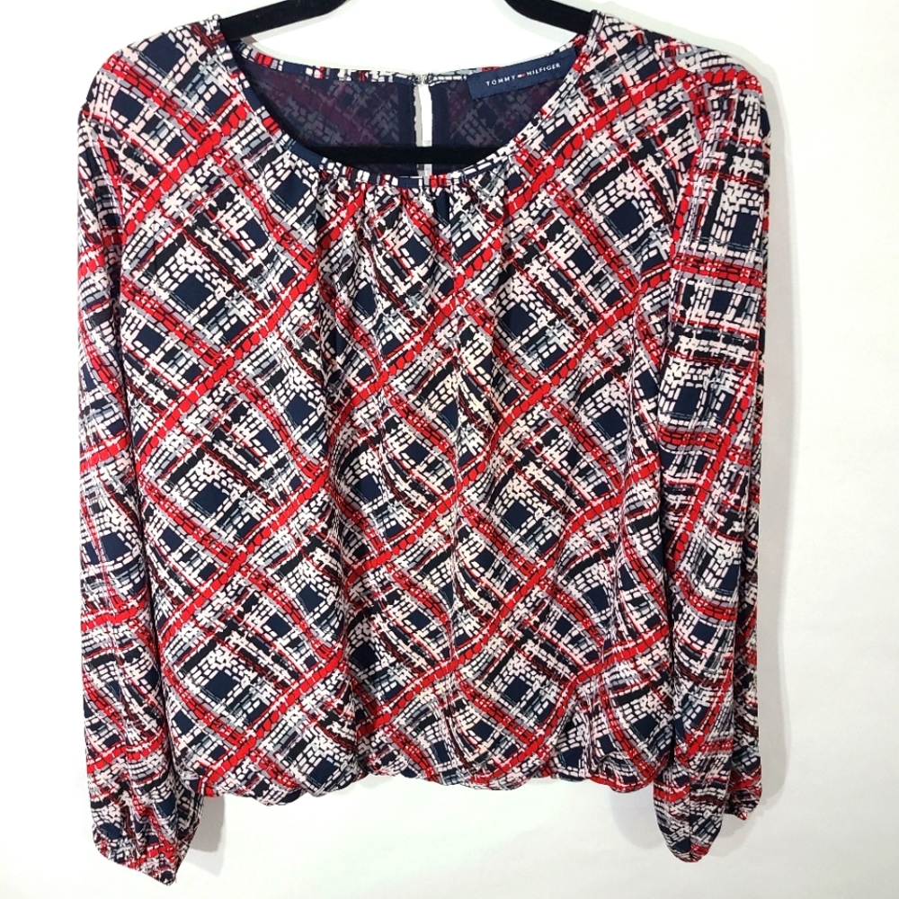 Tomy Hilfiger Women's Plaid Blouse Red White Blue Dressy Work